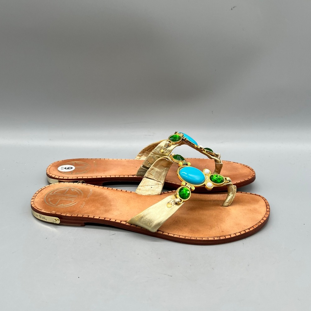 Lilly Pulitzer Sandals Womens 6 Gold Jeweled T-Strap Palm Beach Flat Thong Shoes